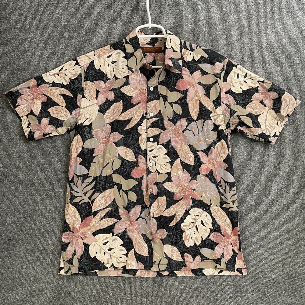 Tori Richard Cotton Lawn Hawaiian Shirt Mens Small Black Floral Pink Aloha USA